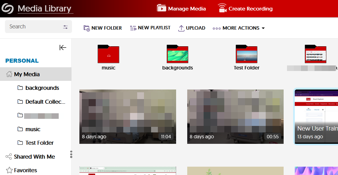 screenshot of the YuJa media library page with uploaded videos, video folders, and associated options.