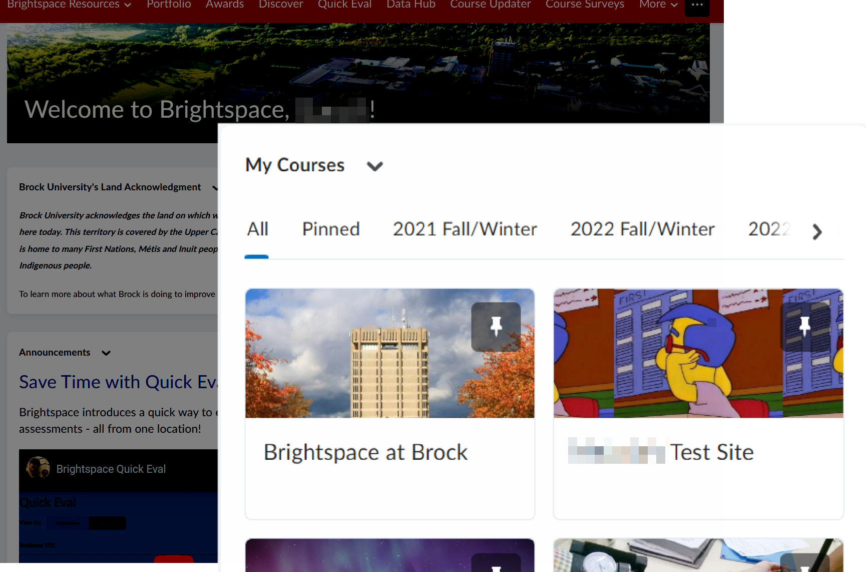 An example of what the My Courses widget looks like with four different course sites displayed.