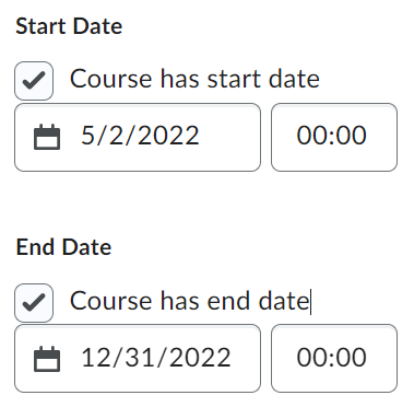 Screenshot of site activation date range in Course Offering Information.