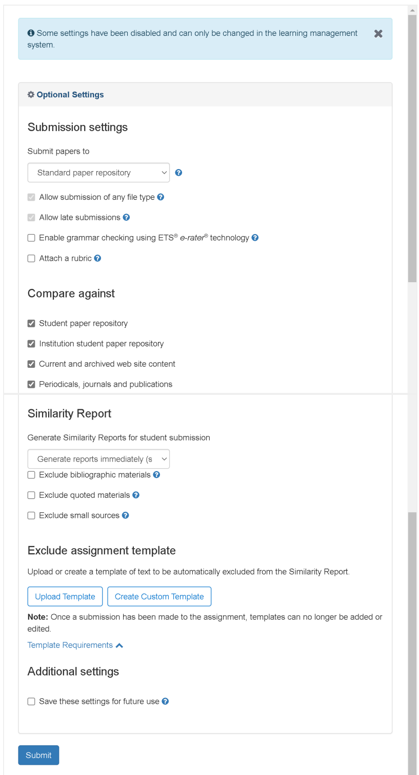 Screenshot of More Options in the Turnitin Integration settings