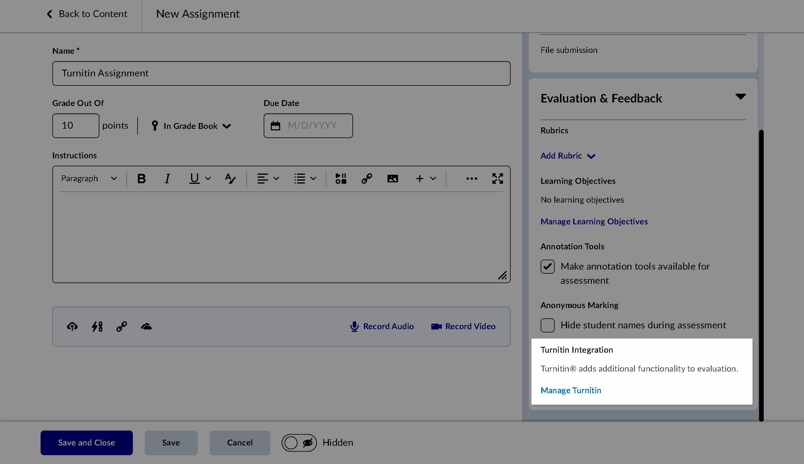 Screenshot of the assignment settings with Turnitin Integration highlighted